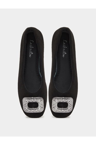 Black Suede Flats with Embellished Buckle