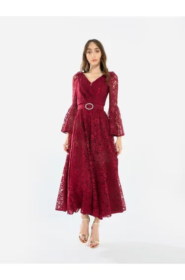 Women Lace Flare Sleeve Midi Dress