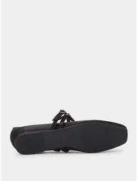 Black Satin Double-Strap Bow Detail Ballet Flats - 5