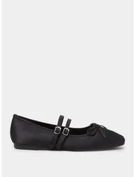 Black Satin Double-Strap Bow Detail Ballet Flats