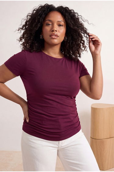 Claret Red Viscose Rib Knit Side Ruched Knitted Plus Size Blouse