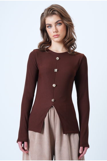 Women's Cinnamon Brown Crew Neck Slit Button Detail Front Ottoban Blouse