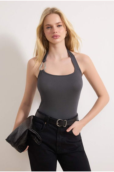 Anthracite Fitted/Bodycon Halter Neck Accessory Detail Soft Knitted Blouse