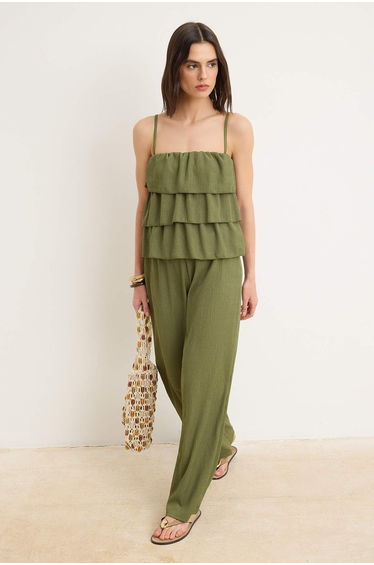 Haki Regular Thin Strap Sleeveless Wide Leg Textured Knitted Top and Bottom Set