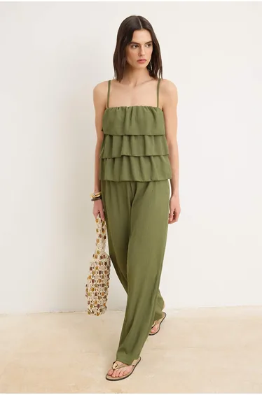 Haki Regular Thin Strap Sleeveless Wide Leg Textured Knitted Top and Bottom Set