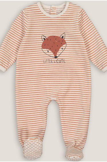 Striped Fox Print Sleepsuit in Cotton Mix Velour