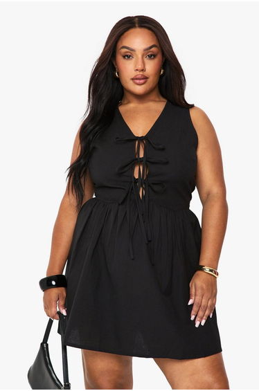 Plus Linen Tie Front Dress - black