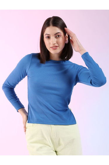 Women Blue Long Sleeve Ribbed Top