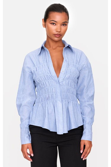 Blue Shirred Striped Fitted Shirt