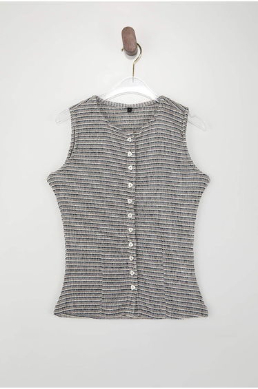 Multi-Colored Striped Fitted/Bodycon Button Sleeveless Textured Knitted
