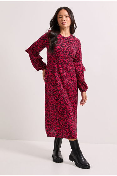 Pink Ruffle Blouson Sleeve Empire Seam Midi Dress
