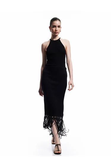Standard Waist Cotton Tasseled Midi Pencil Skirt