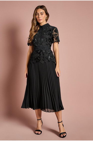 Velvet Cutwork Lace Midi Dress With Contrast Collar