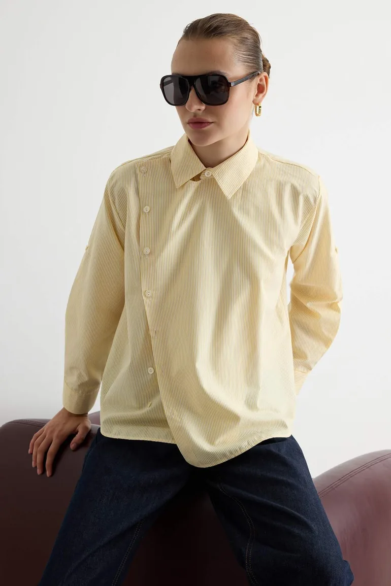 Yellow Striped Wide-Fit Shirt with Button Detail - 1