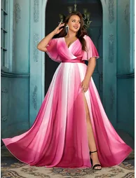 Simple Style Women Plus Size Formal Dress Rose Red V Neck Ruffle Gown - 3