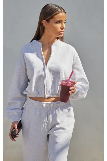 سويتشيرت قصير برباط شد بسحاب - رمادي 