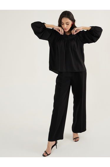 Solid Balloon Sleeve Pleated Top with Button Detail