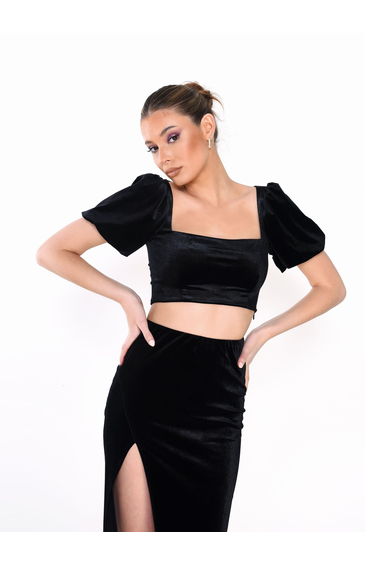 Glamorous Black Velvet Square Neck Puff Sleeve Crop Top