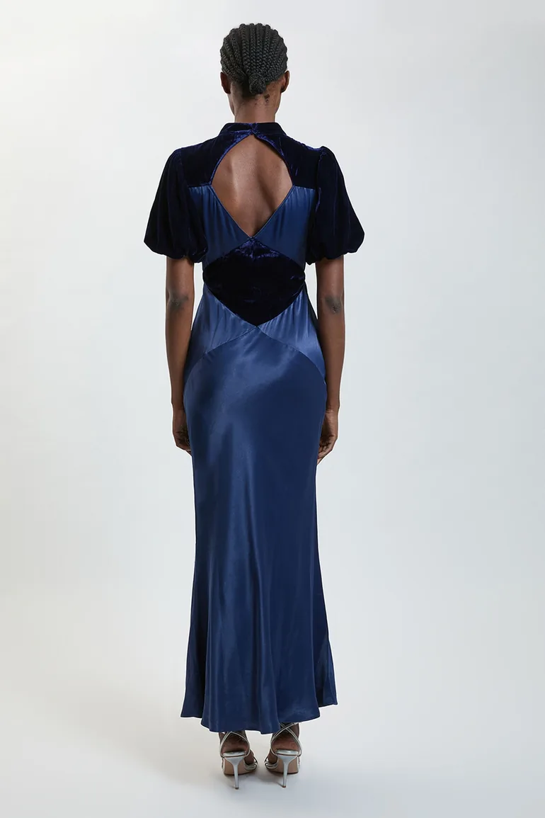 Velvet Insert Viscose Satin Midi Dress - 2