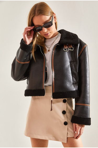 Women's Collar Belted Laminated Jacket