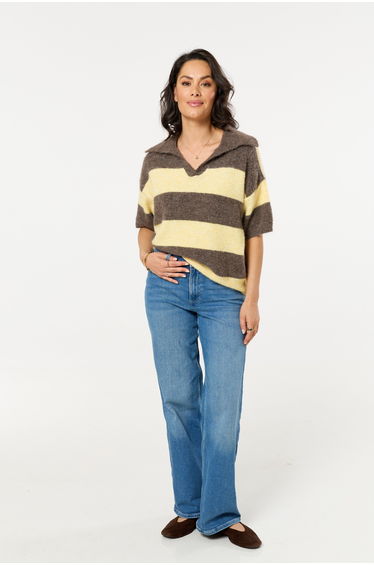 Brown And Light Yellow Stripe Wool Blend Knitted Polo Jumper