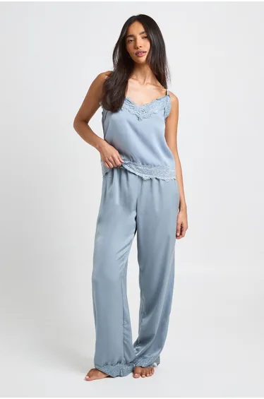 Eyelash Lace Trim Cami & Trouser Pyjama Set - dusty blue
