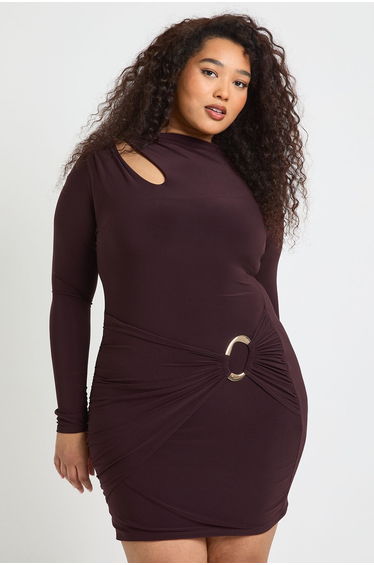 Plus High Neck Wrap Trim Detail Mini Dress - chocolate