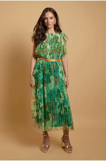 Printed Pleated Mesh Midi Dress With Flutter Sleeve