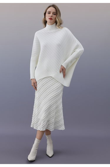 Contrast Ribbed Batwing Sleeve Knit Poncho Sweater in White