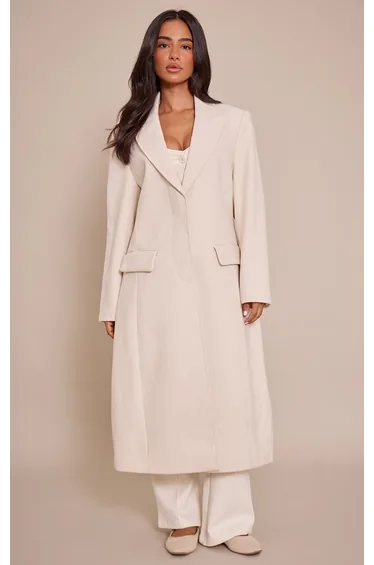 Petite Cream Single Breasted Seam Detail Wool Look Maxi Coat