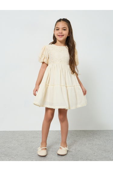 Girls Beige Puff Sleeve Lace Tiered Dress