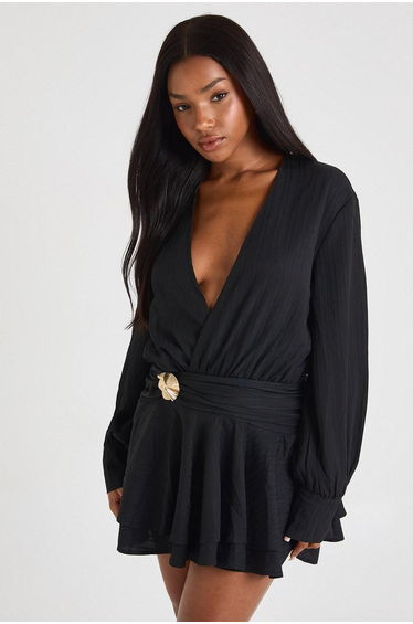 Textured Gold Trim Drop Hem Shirt Dress