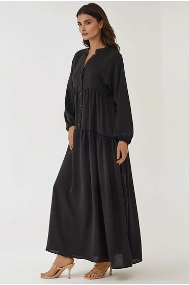 Textured V-Neck Maxi Dress with Button Detail