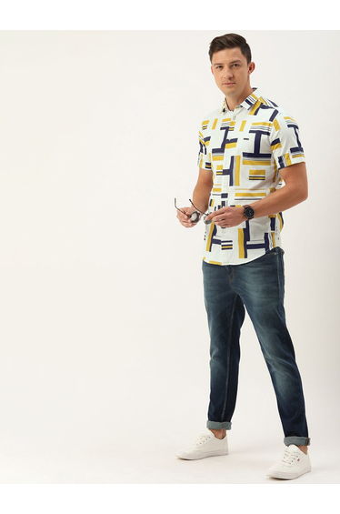 Men White Abstract Print Casual Shirt