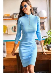 Women's Baby Blue High Neck Zippered Camisole Dress - 1