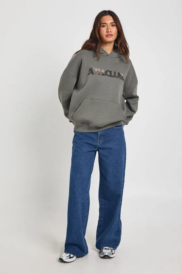 Camo Distressed Applique Hoodie - khaki