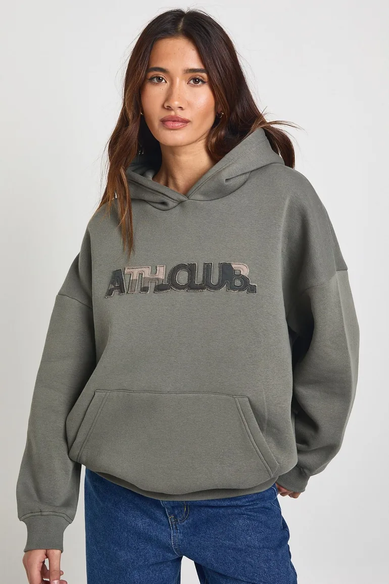 Camo Distressed Applique Hoodie - khaki - 1