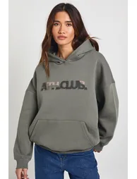 Camo Distressed Applique Hoodie - khaki - 1