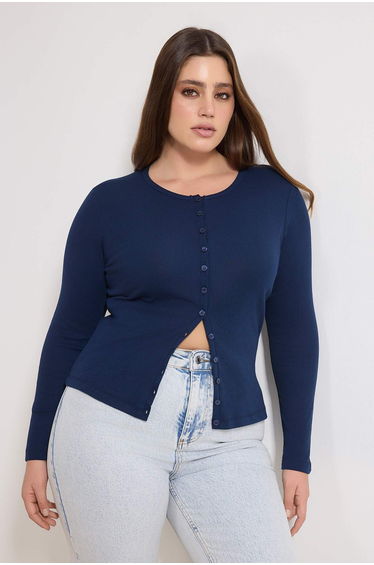 Navy Blue Ribbed Knitted Plus Size Top