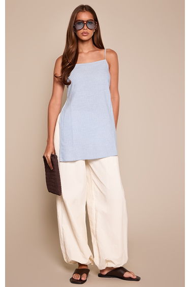 Blue Striped Linen Strappy Cami Top