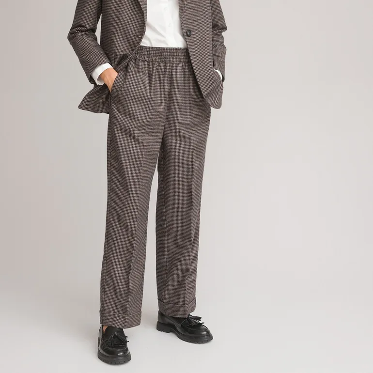 Checked Wide Leg Trousers in Recycled Wool Mix, Length 27.5" - 1