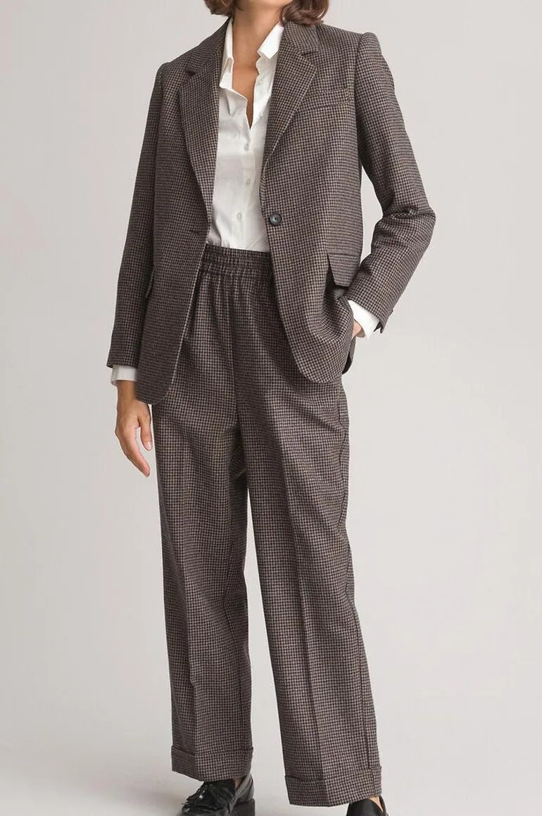 Checked Wide Leg Trousers in Recycled Wool Mix, Length 27.5"