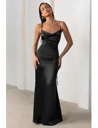 فستان ساتان ماكسي بتصميم خلفي متقاطع بياقة منسدلة