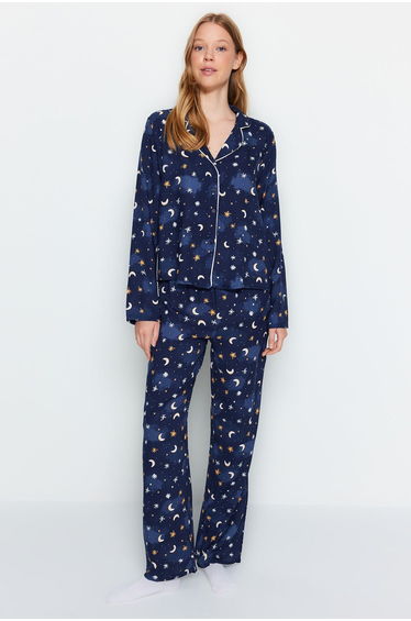 Indigo Galaxy Patterned Viscose Shirt-Pants Woven Pajama Set