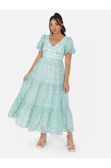 Maya Mint Floral Embroidered Open Back maxi Dress