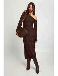 فستان بوهو بني ميداكسي بقصة مستقيمة بأكمام طويلة بطبعة أزهار - 2