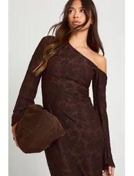 فستان بوهو بني ميداكسي بقصة مستقيمة بأكمام طويلة بطبعة أزهار - 3