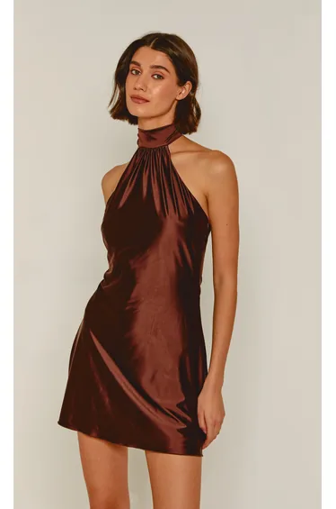 Chocolate Liquid Satin Scarf Mini Dress