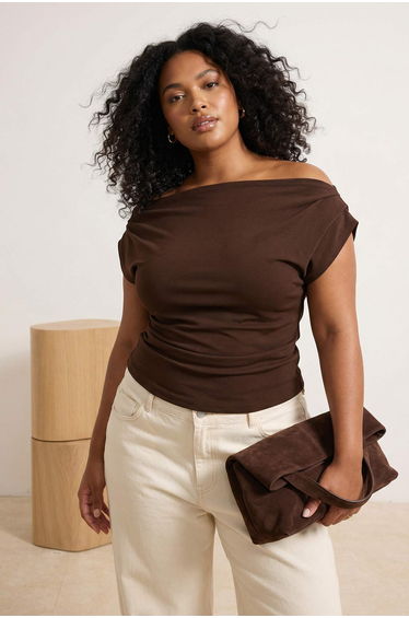 Brown Shirring/Drape Detail Flowy Asymmetrical Neckline Knitted Blouse
