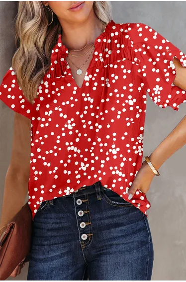 Lvness Red Polka Dot Print Frilly Smocked Neck Short Sleeve Blouse